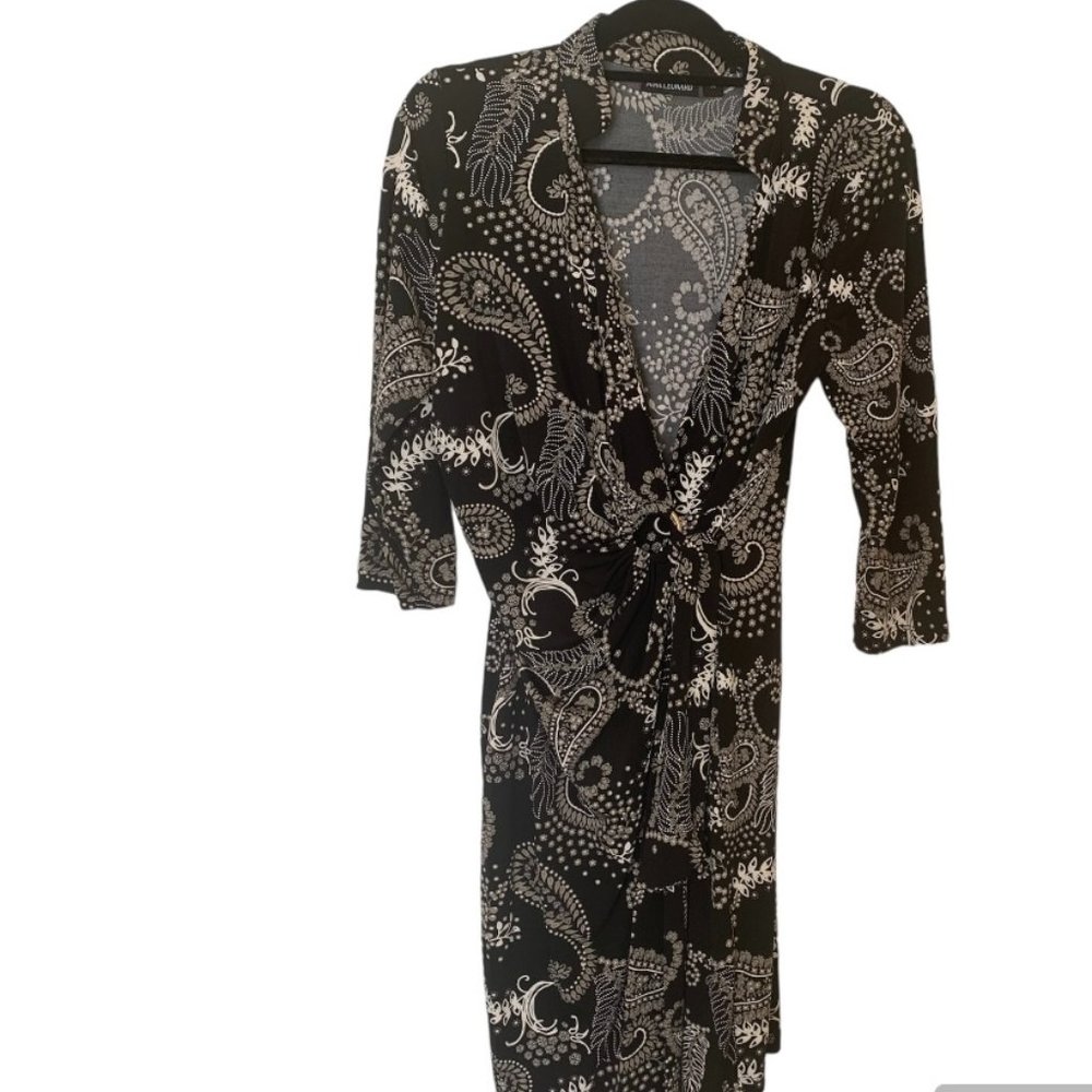 NINA LEONARD Black/White Paisley Wrap Dress - Size M